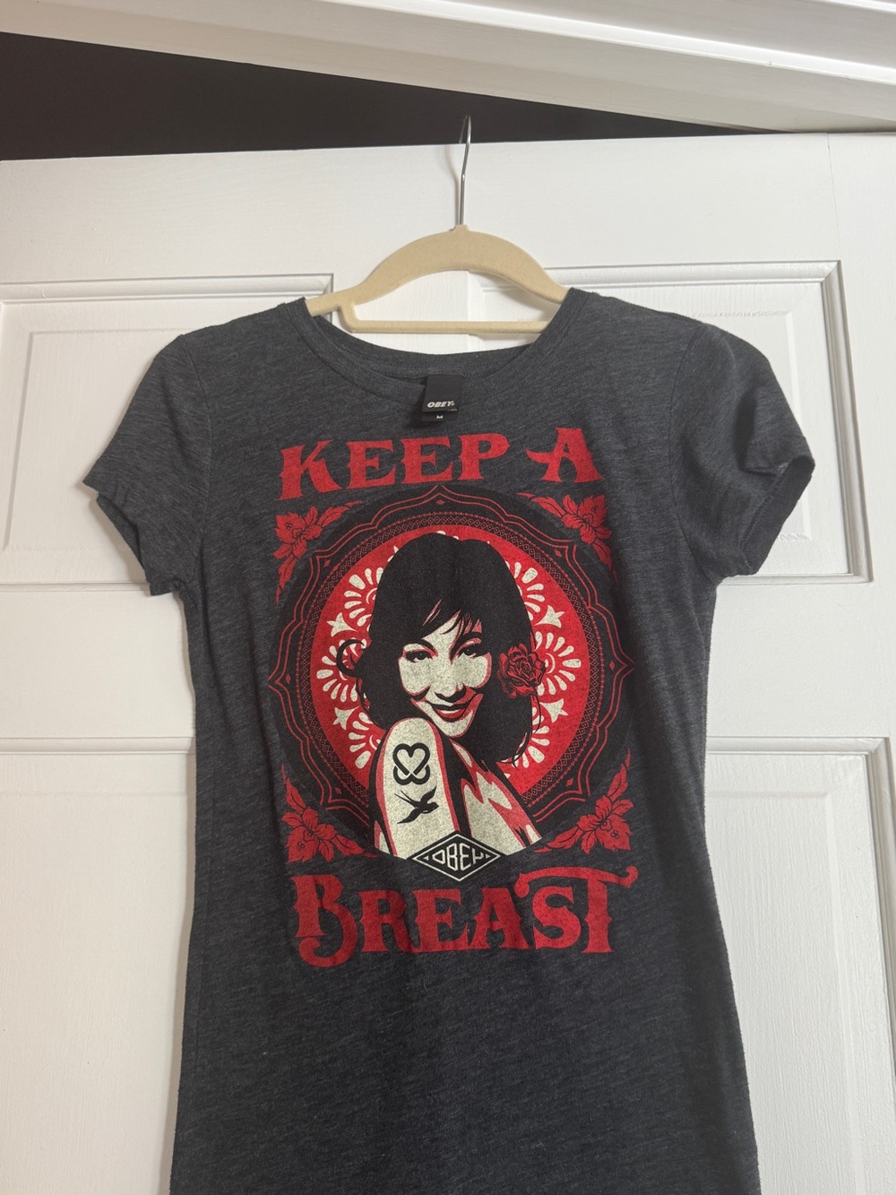 Obey- “Keep A Breast” Dark Gray and Red Women's T-Shirt